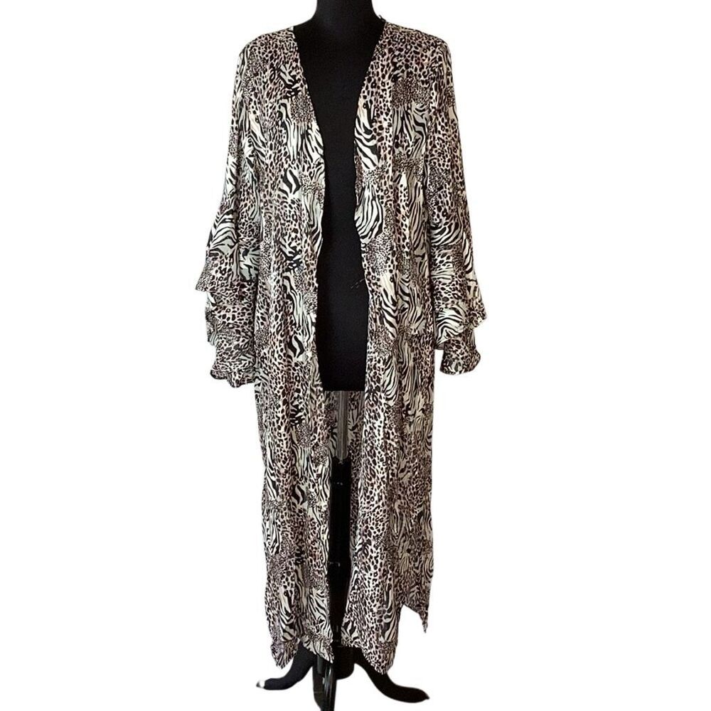 NWT Umgee+ XL Animal Print Long Duster Kimono Open Front Ruffle Sleeve Side Slit - Picture 2 of 10